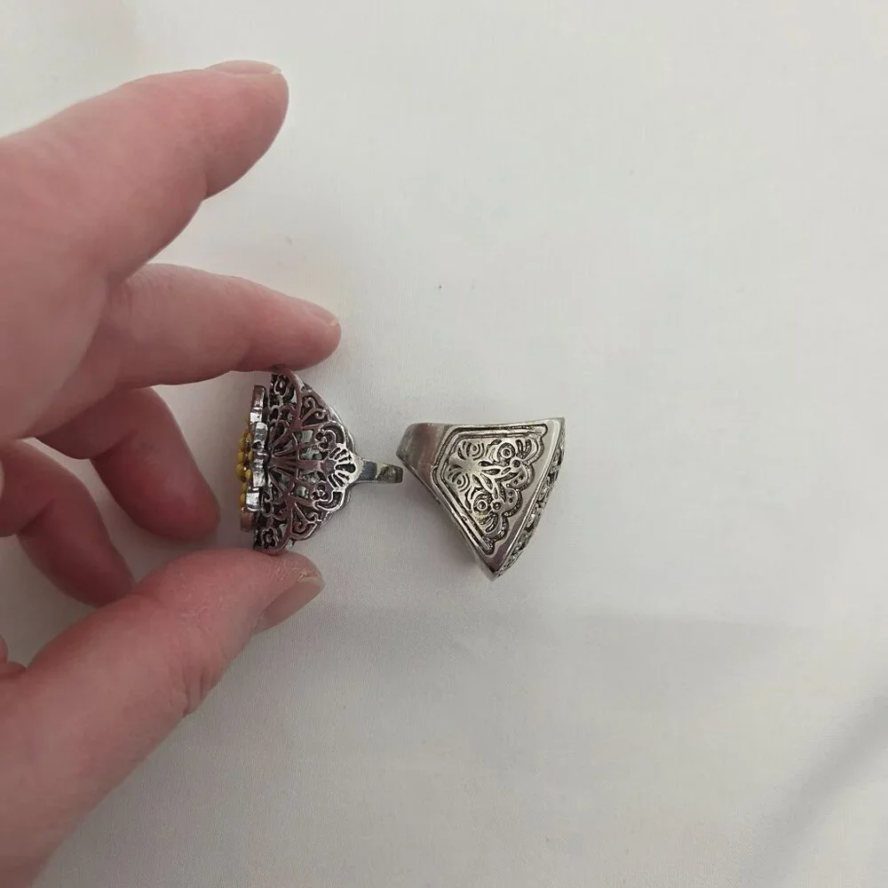 Set of 2 Vintage Silver-Tone Statement Rings - Boho Filigree & Floral